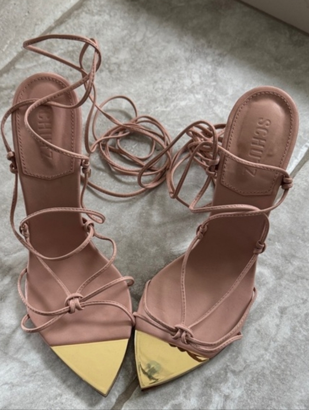 SCHUTZ Blush Pink Lace-Up Pointed Toe Sandals with Gold Toe Cap